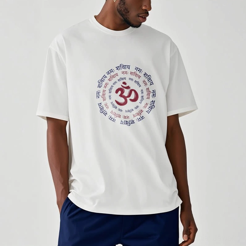 Men's OM mantra Sanskrit printed cotton t-shirt front view casual wear