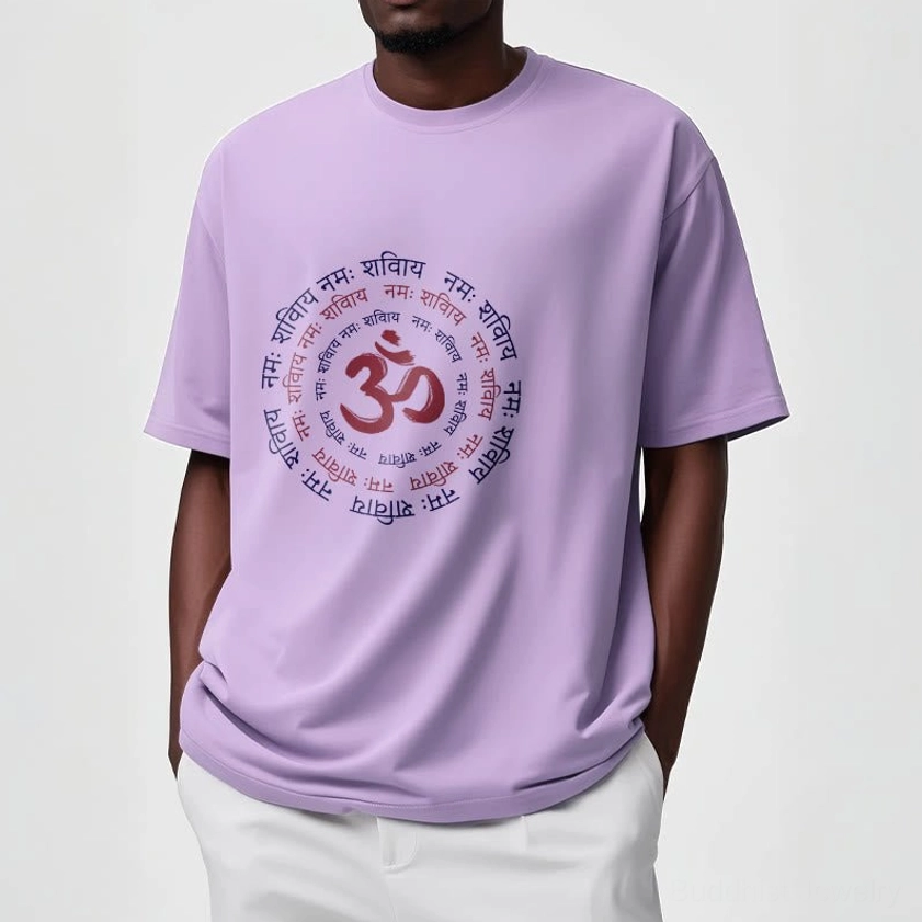 Men's lavender OM mantra Sanskrit cotton t-shirt front view casual style