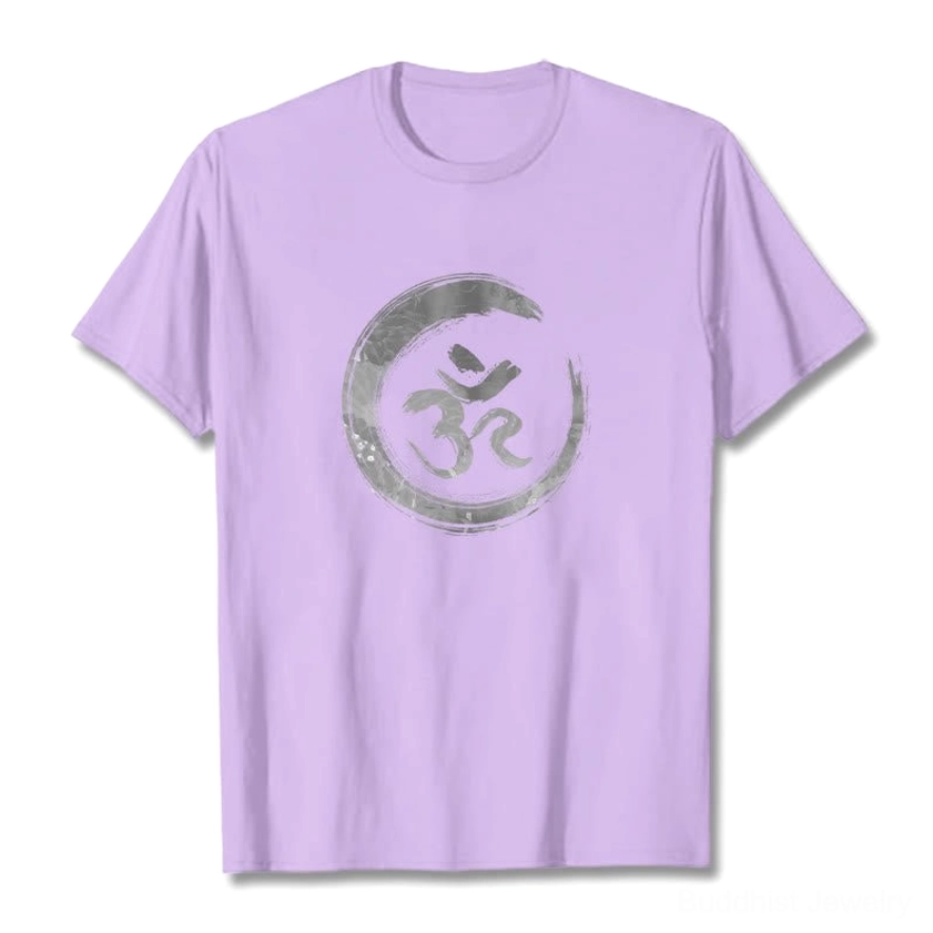 Natural tone OM mantra cotton t-shirt with grey sacred symbol print, eco-friendly apparel