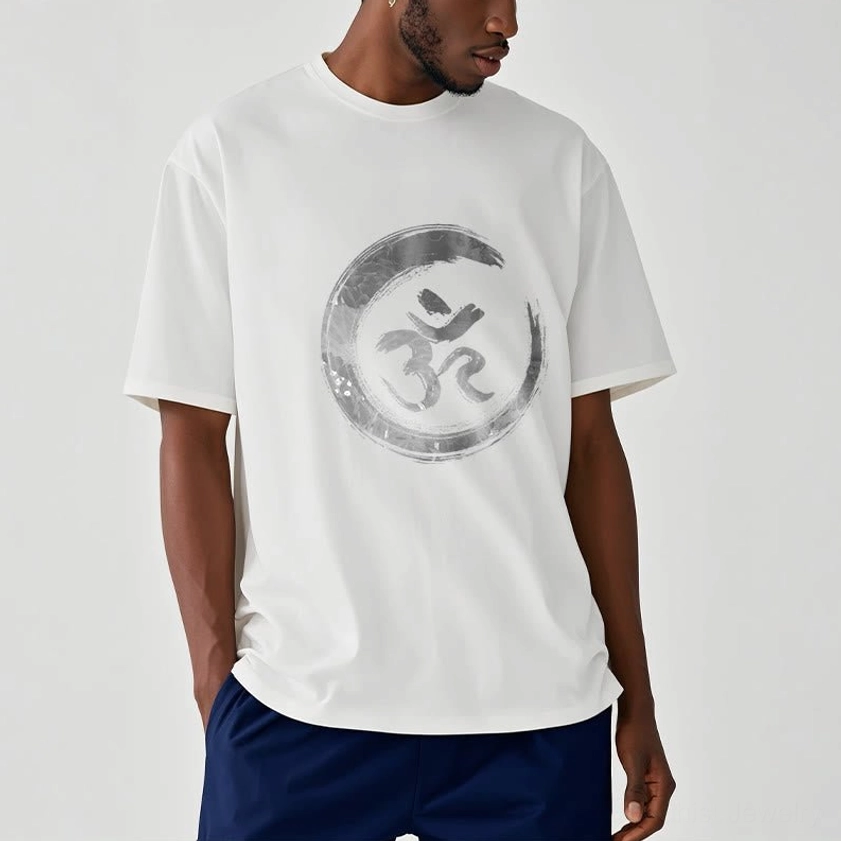 Off-white OM mantra cotton t-shirt with grey Sanskrit print, relaxed unisex fit on male model