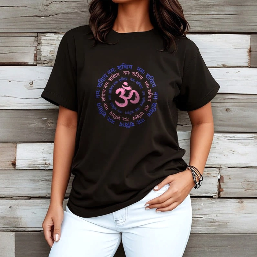 Pale green OM mantra Sanskrit printed cotton t-shirt front view