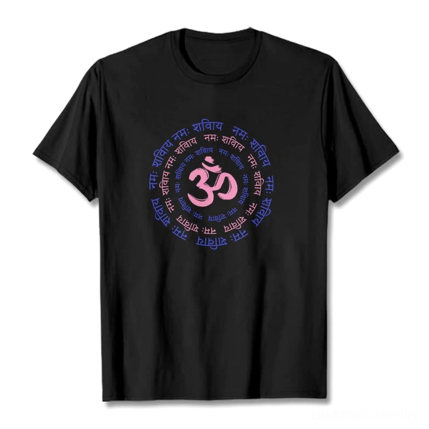 OM mantra Buddhist t-shirt close-up print design white ink detail