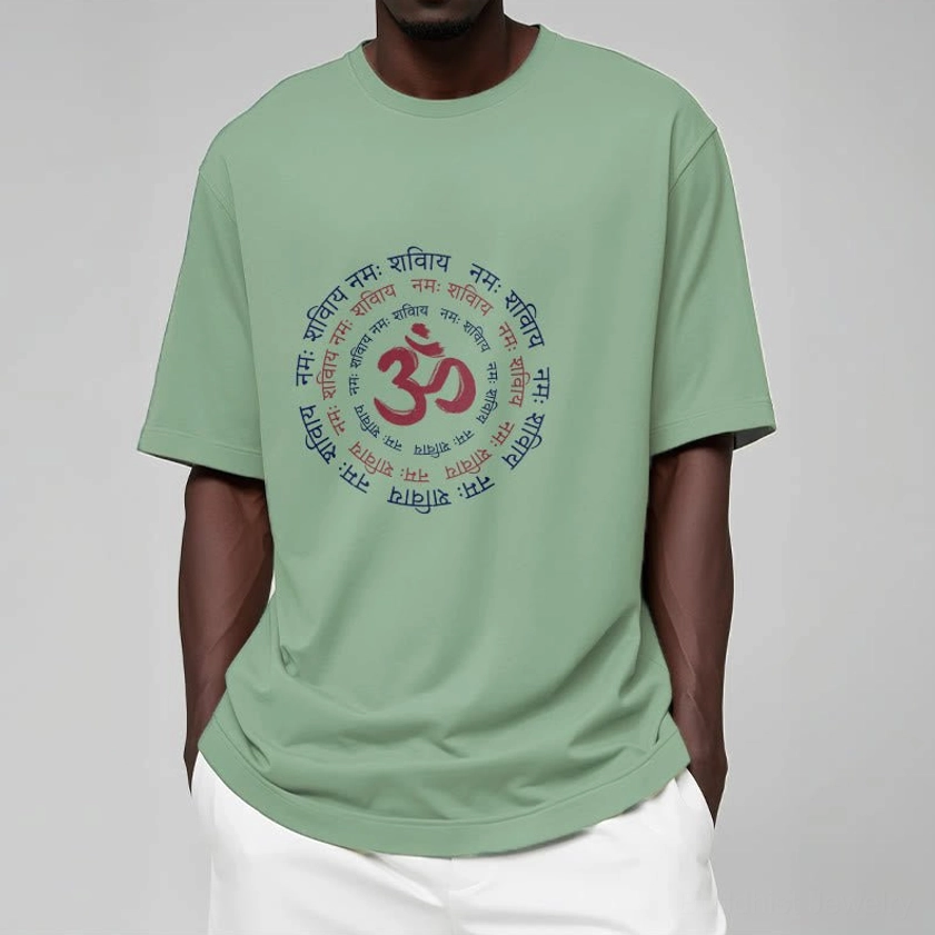 OM mantra Buddhist t-shirt model wearing multiple colors style guide