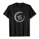 Sacred OM mantra Sanskrit design printed on pure white premium cotton t-shirt, flat lay front view