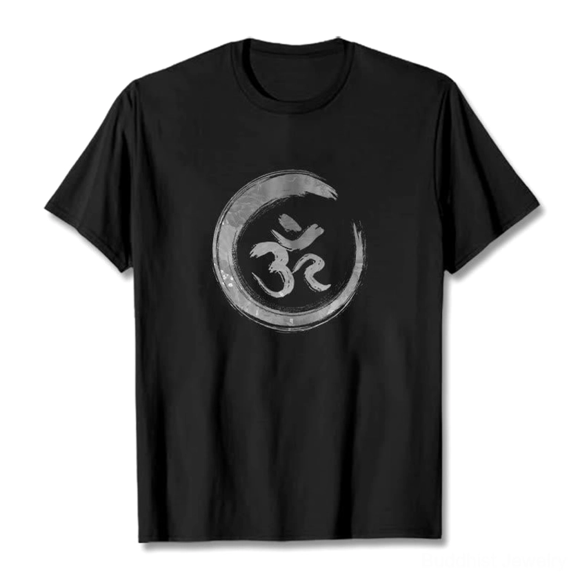 Sacred OM mantra Sanskrit design printed on pure white premium cotton t-shirt, flat lay front view