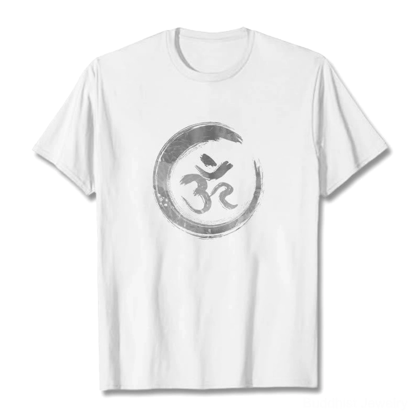 Premium white cotton OM mantra t-shirt with watercolor style grey sacred symbol, flat lay display