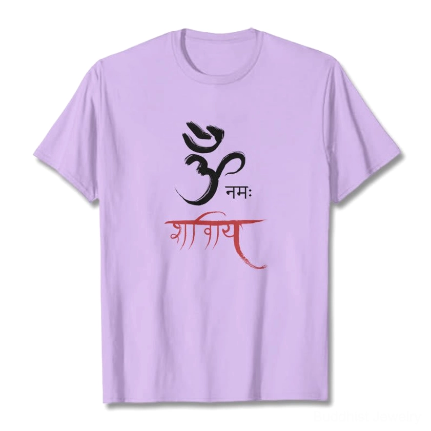 Black Om Namah Shivaya mantra t-shirt flat lay, showing white and red Sanskrit print detail