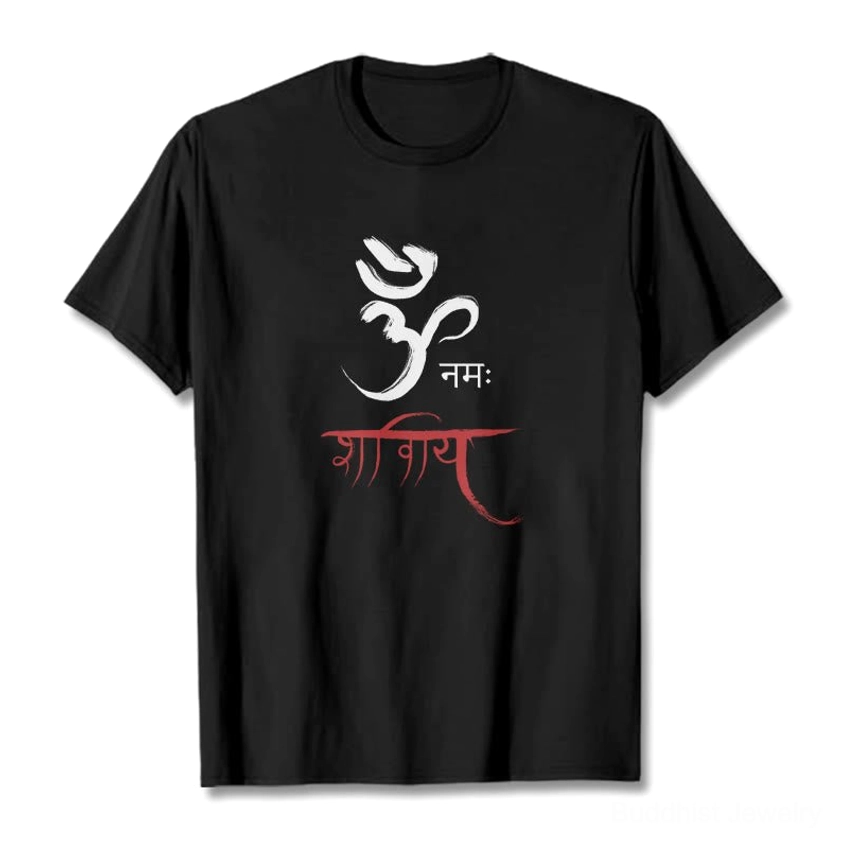 Black Om Namah Shivaya Sanskrit t-shirt with white and red mantra design, flat lay front view