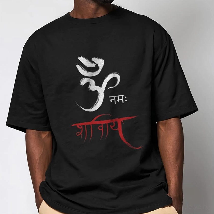 Man wearing black Om Namah Shivaya spiritual cotton tee, relaxed fit front view