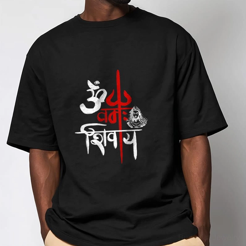 Male model wearing OM Namah Shivaya black Buddhist spiritual t-shirt with crew neck