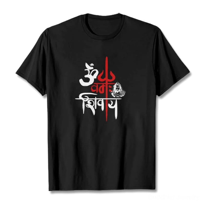 OM Namah Shivaya black cotton t-shirt with red trident symbol flat lay front view