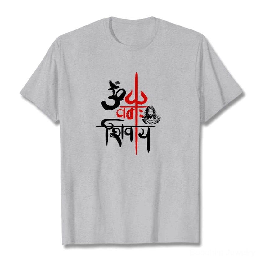 Male model in OM Namah Shivaya light grey buddhist cotton t-shirt crew neck