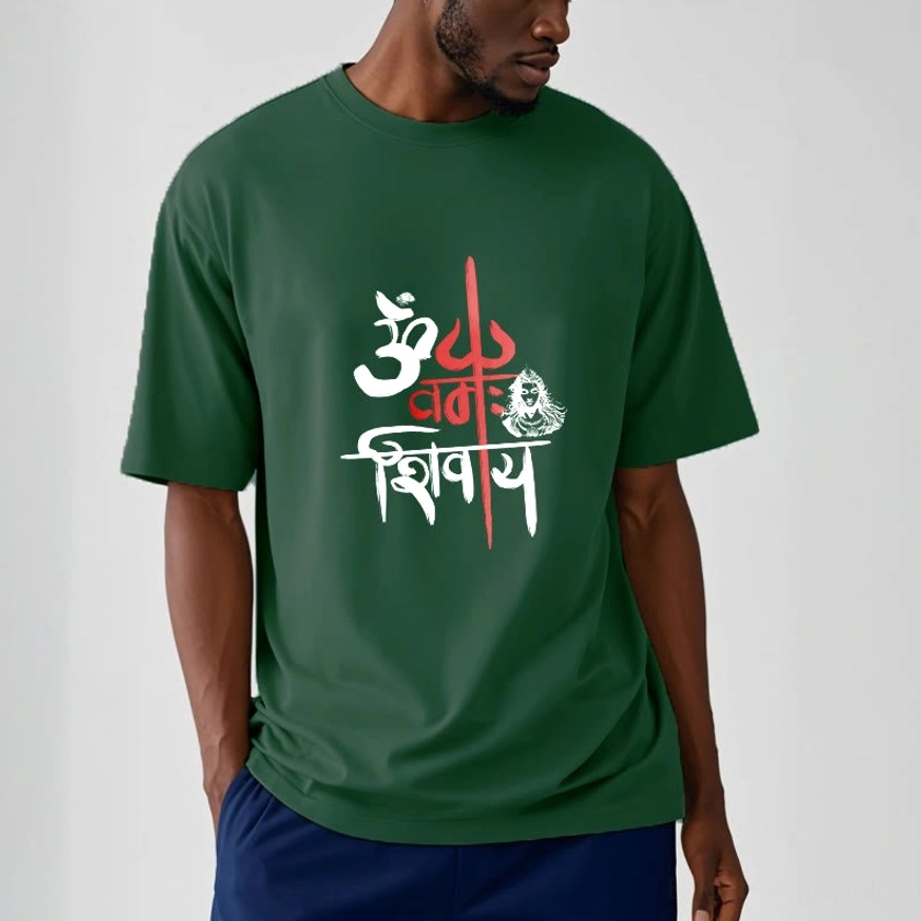 Male model wearing OM Namah Shivaya light grey buddhist t-shirt crew neck