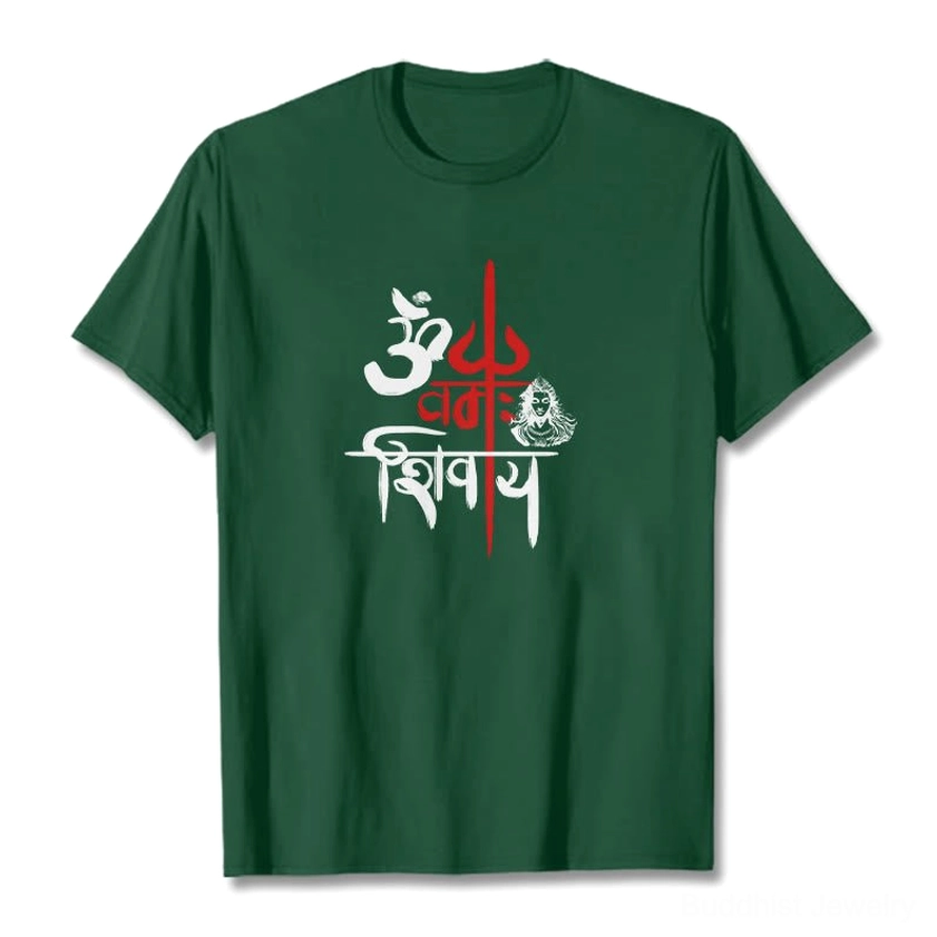 OM Namah Shivaya light grey cotton t-shirt with sacred trident symbol flat lay