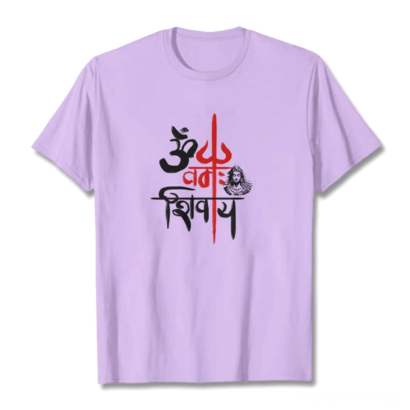 OM Namah Shivaya lavender light purple cotton t-shirt sacred mantra print flat lay