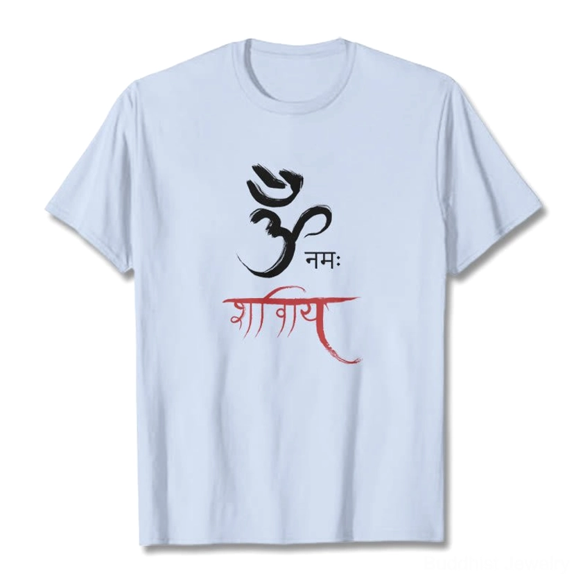 Light cyan Om Namah Shivaya spiritual mantra t-shirt flat lay front center view
