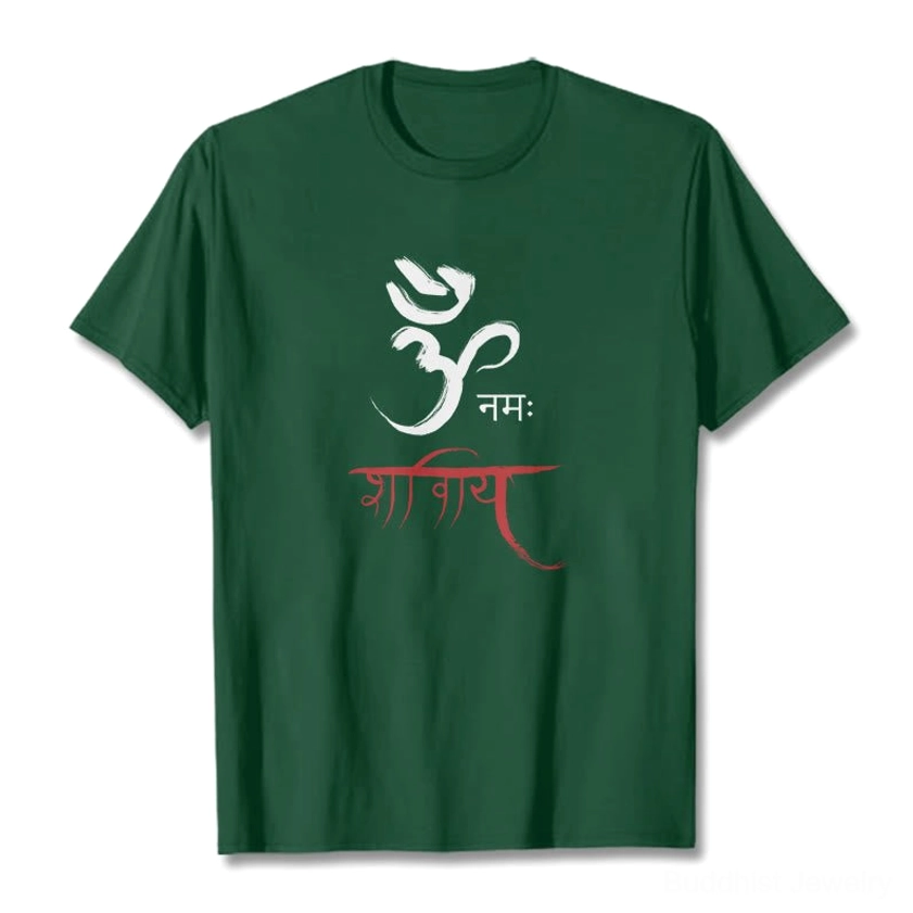 Light cyan Om Namah Shivaya Sanskrit printed tee, flat lay front view soft cotton fabric