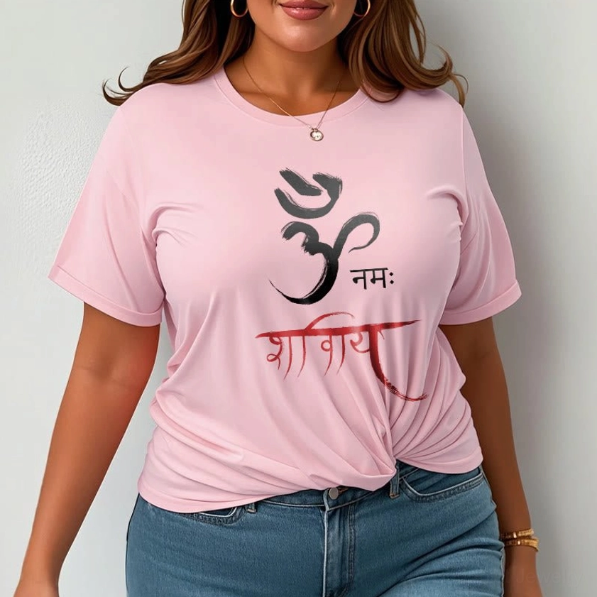 Female model in light cyan Om Namah Shivaya tee, casual everyday wear front pose