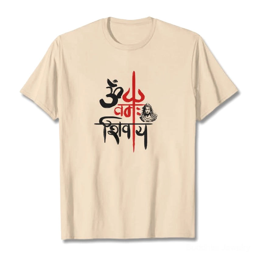 OM Namah Shivaya sacred mantra symbol detail close-up trident spiritual t-shirt print