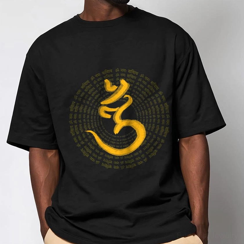 Black Om Namah Shivaya spiritual mantra t-shirt on male model front casual style