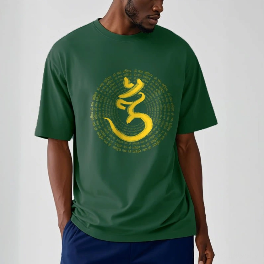 Dark green Om Namah Shivaya spiritual t-shirt on male model side-front casual wear