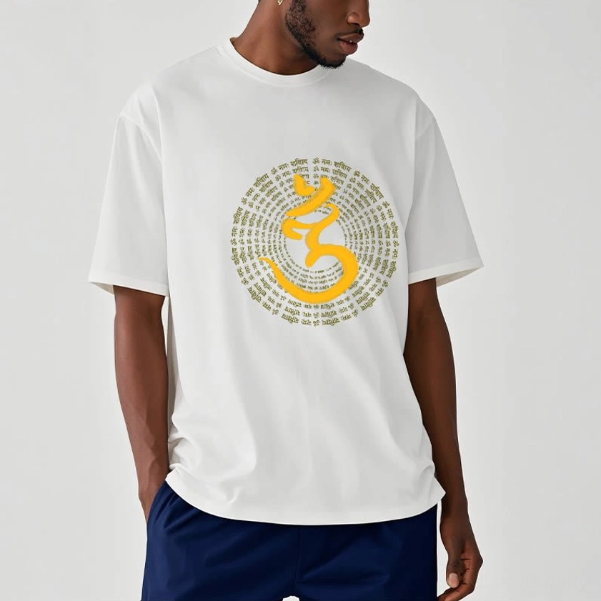White Om Namah Shivaya spiritual t-shirt on male model side-front casual daily wear