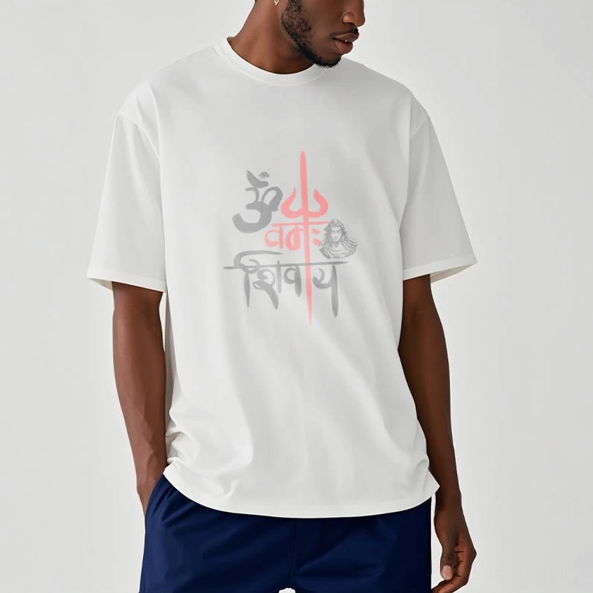 Male model in OM Namah Shivaya off-white cream buddhist t-shirt neutral background