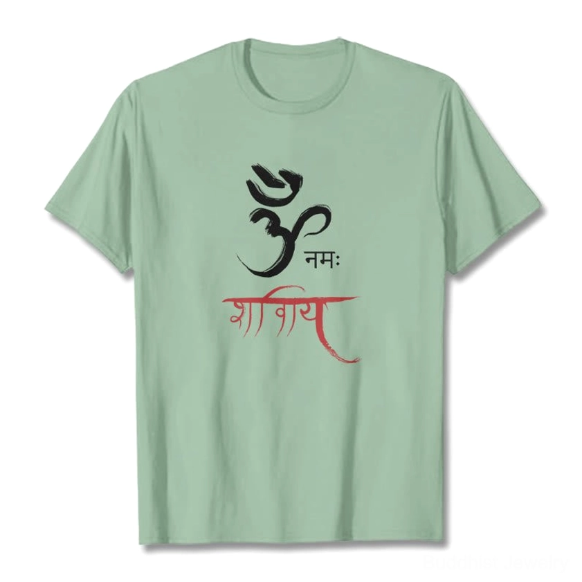 Pale green Om Namah Shivaya Sanskrit t-shirt flat lay display, authentic mantra print