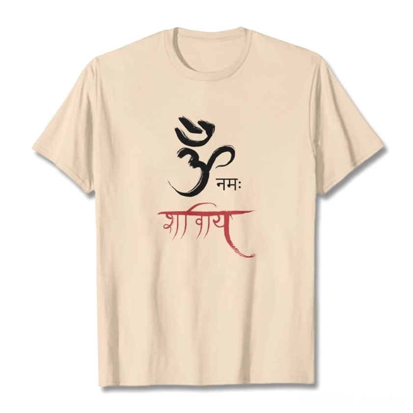 Pale green Om Namah Shivaya t-shirt with Sanskrit mantra print, flat lay front display