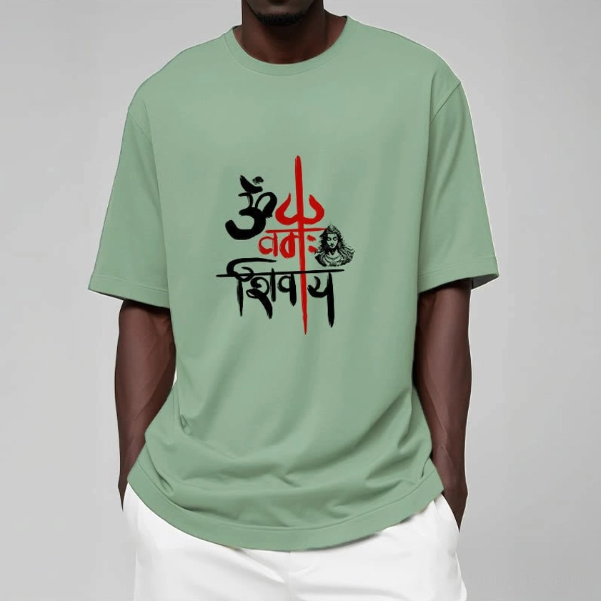 Female model in OM Namah Shivaya light pink spiritual cotton t-shirt casual wear