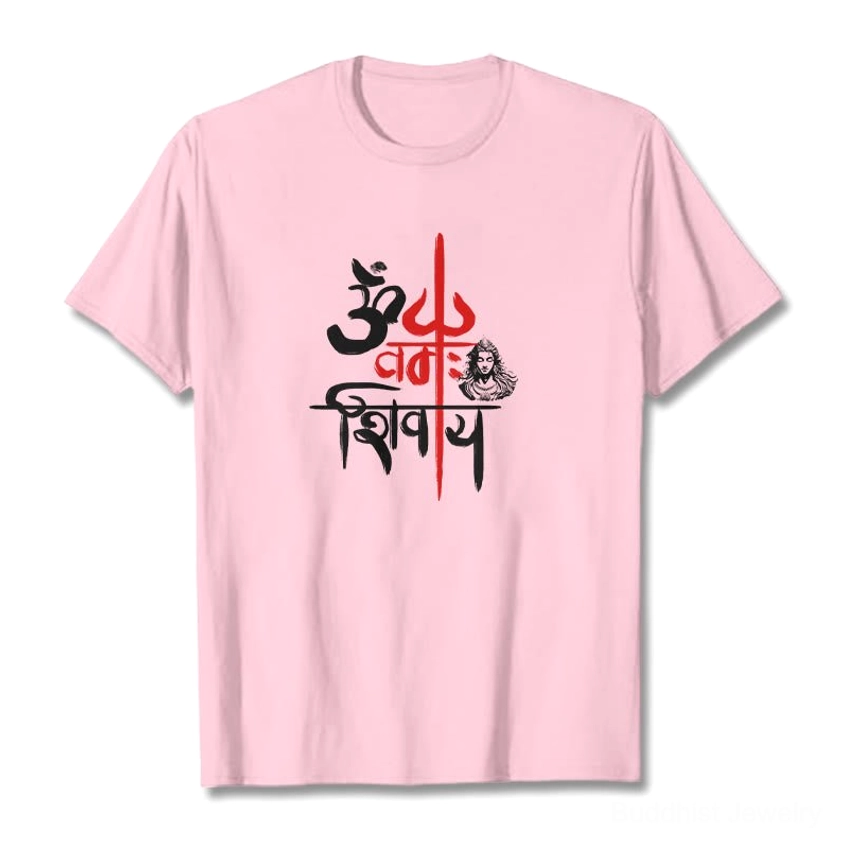 Female model wearing OM Namah Shivaya light pink spiritual t-shirt lifestyle photo