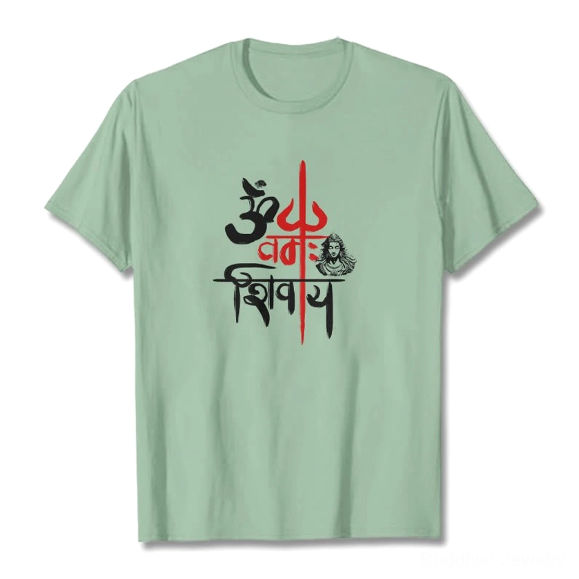 OM Namah Shivaya light pink cotton t-shirt with mantra and trident design flat lay