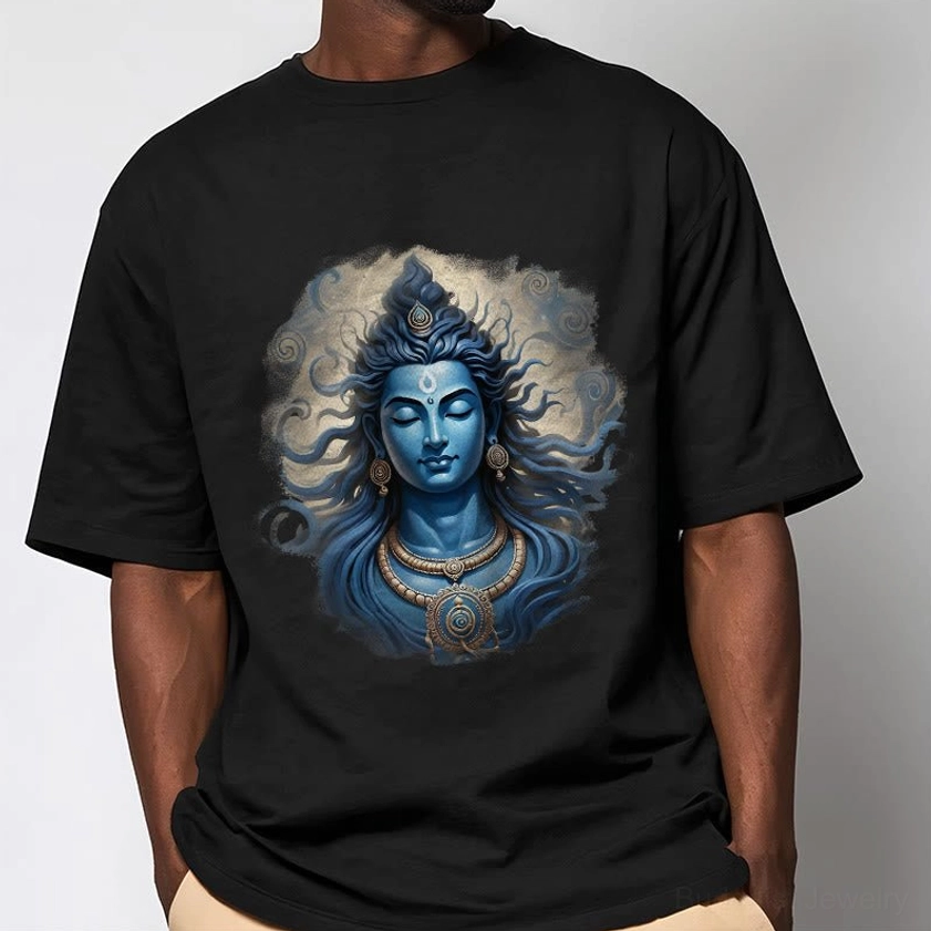 Om Namah Shivaya spiritual tee on male model in black shirt, showing fit and design placement