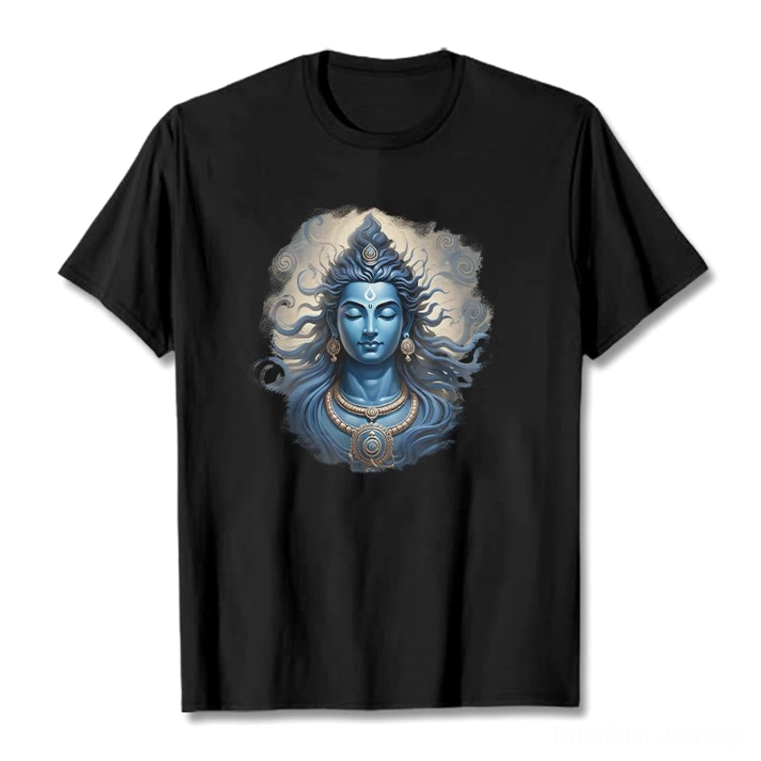 Sacred mantra graphic tee in pure black with blue Om Namah Shivaya print, flat lay front view