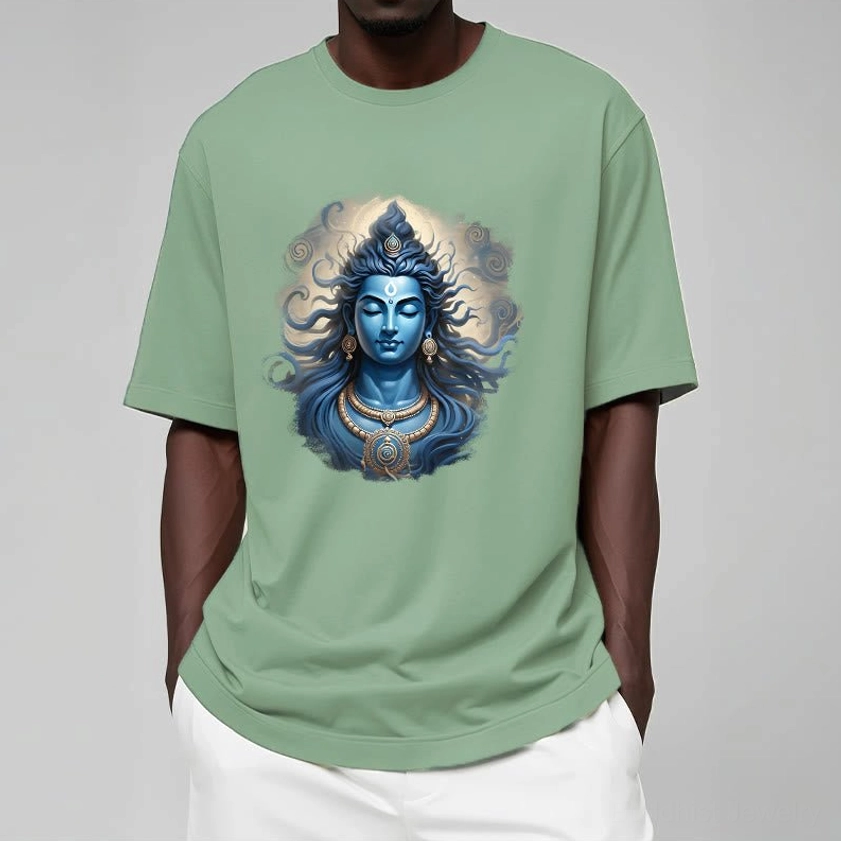Buddhist spiritual tee on male model in black shirt with Om Namah Shivaya print, brick wall background