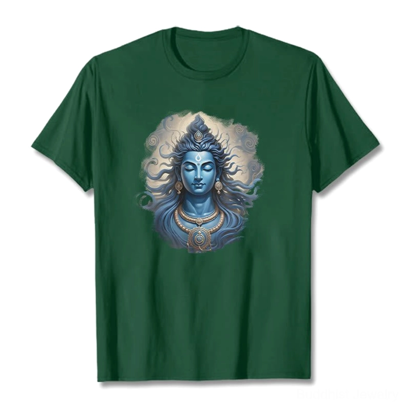 Buddhist tee on male model in black shirt with blue Om Namah Shivaya mantra design, plain background