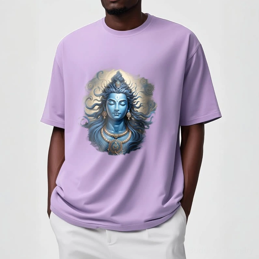 Om Namah Shivaya Buddhist tee on female model in black shirt with blue print, wooden background