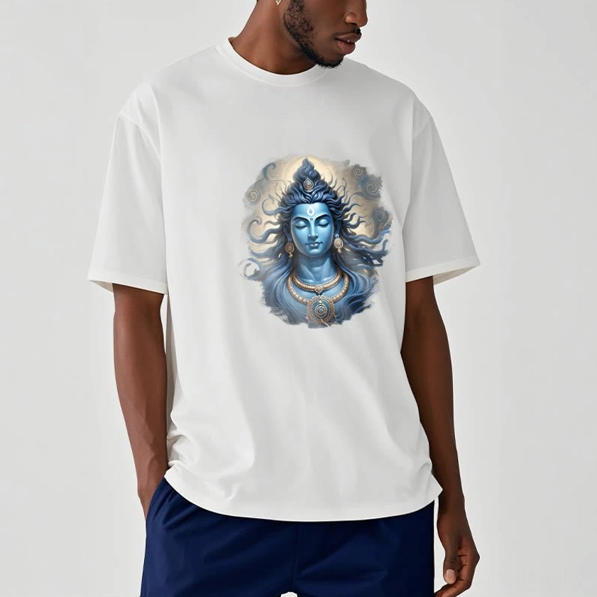 Sacred mantra graphic tee on male model, dark grey shirt with chest deity print, indoor side pose