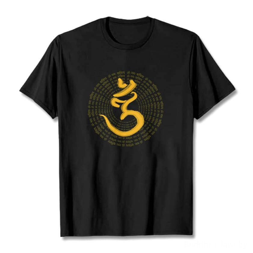 Black Om Namah Shivaya 108 mantra cotton t-shirt flat lay front display with white background