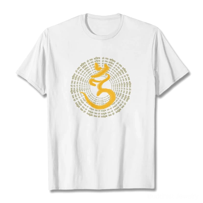 White Om Namah Shivaya 108 sacred mantra cotton t-shirt flat lay front with white background