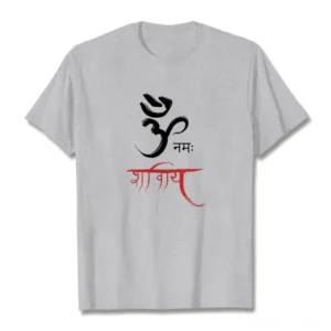 Om Namah Shivaya Sanskrit mantra printed on heather gray cotton tee, flat lay front view