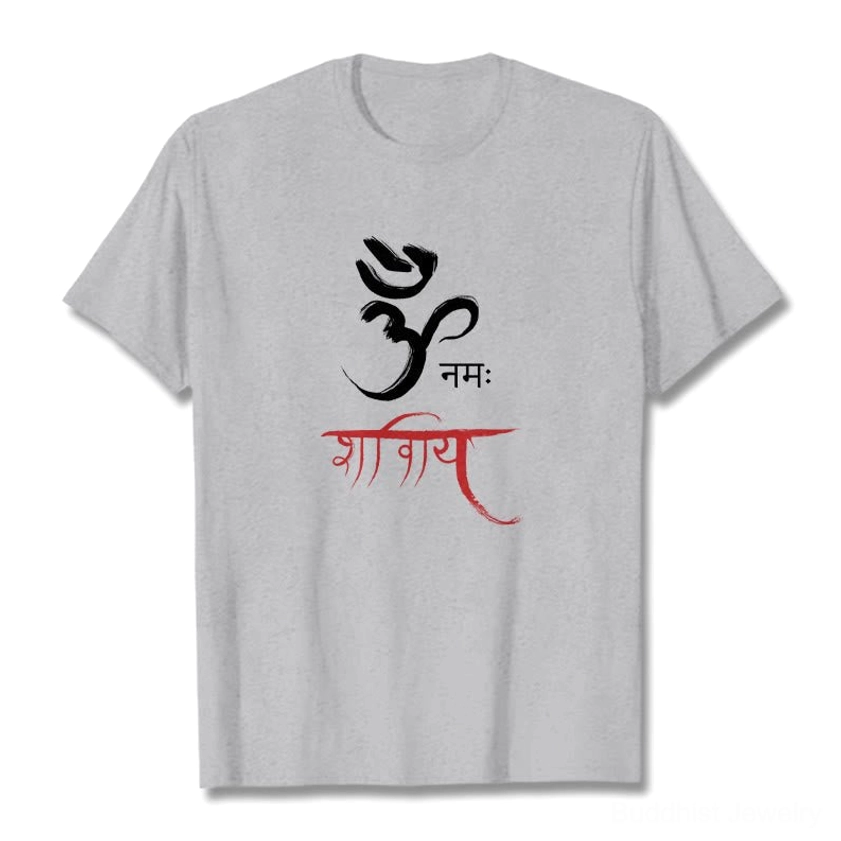 Om Namah Shivaya Sanskrit mantra printed on heather gray cotton tee, flat lay front view