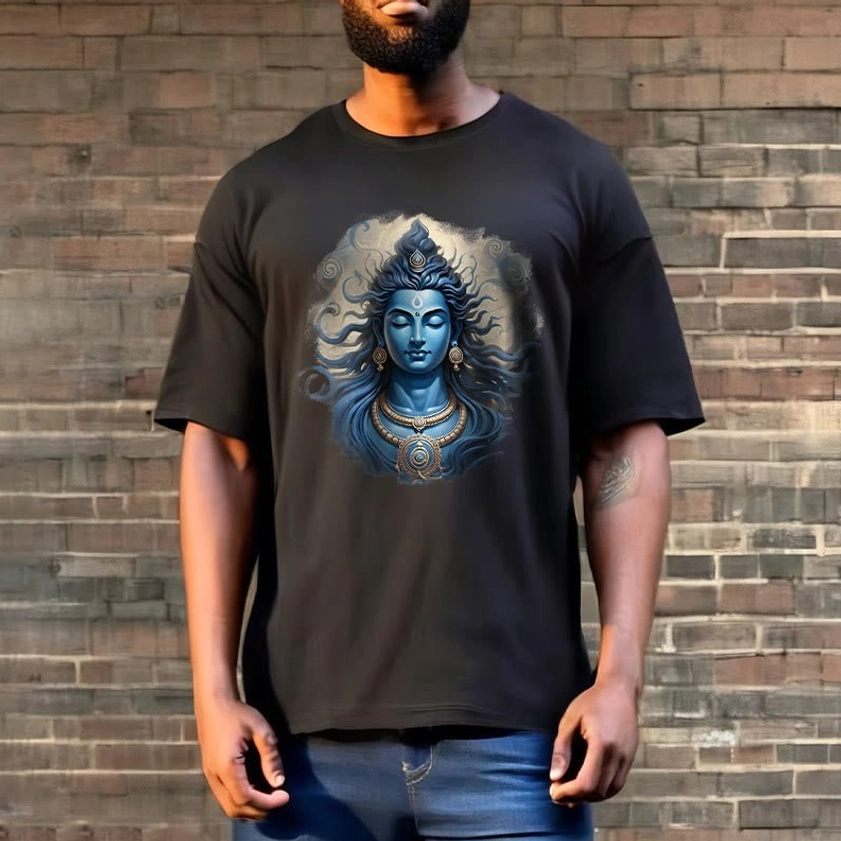 Om Namah Shivaya spiritual tee on male model dark grey shirt, showing comfort fit and style