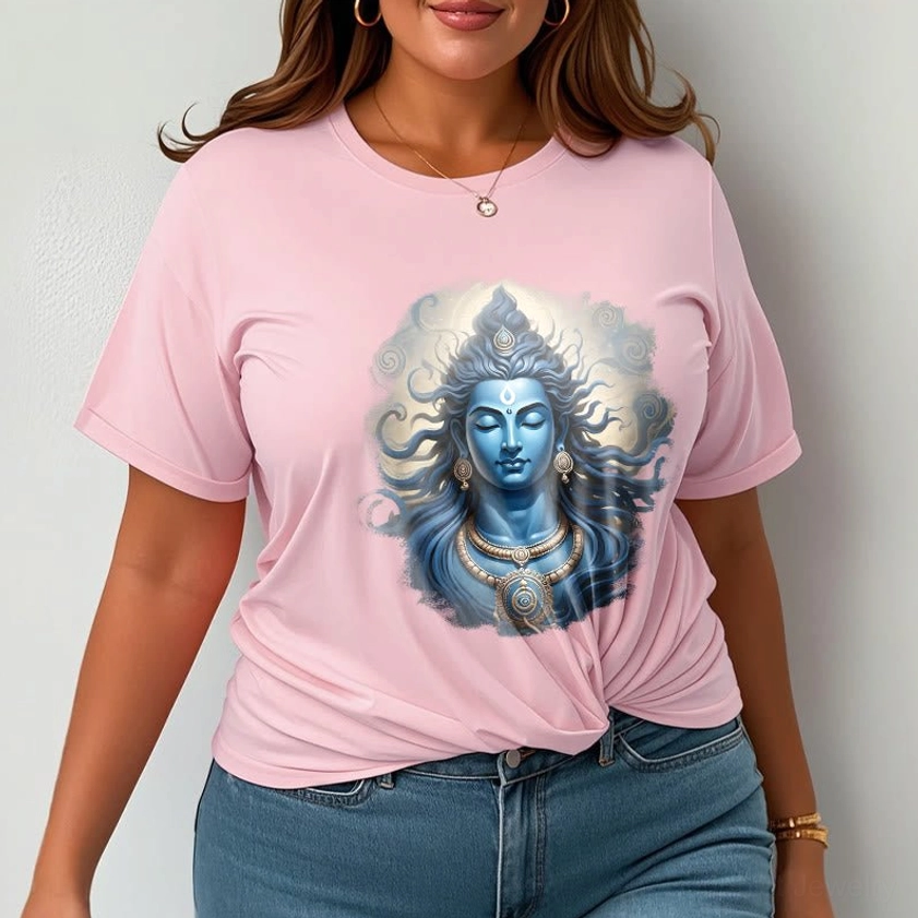 Mantra graphic t-shirt on female model wearing dark grey tee with spiritual deity print, front view