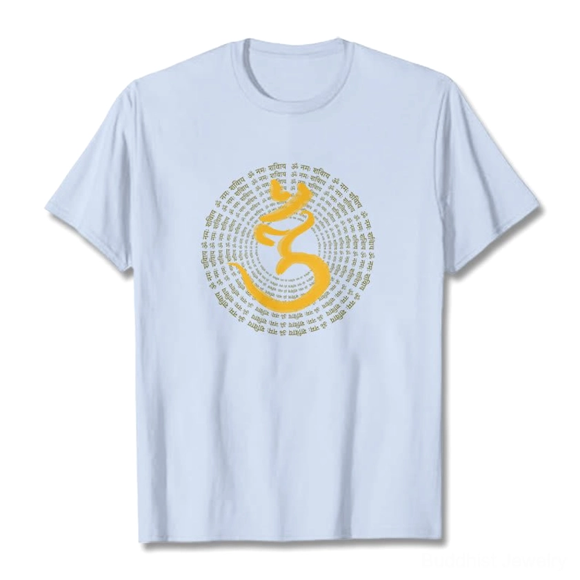 Light cyan Om Namah Shivaya 108 mantra t-shirt flat lay front design showcase