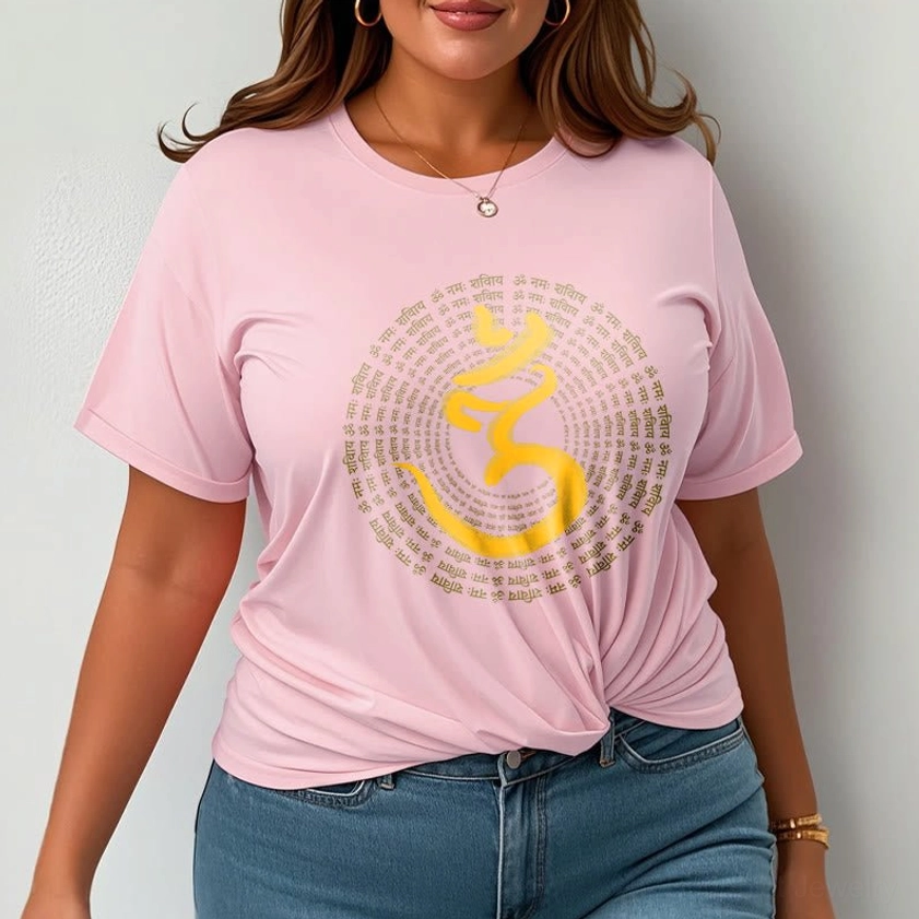 Light cyan Om Namah Shivaya mantra t-shirt on male model relaxed casual style