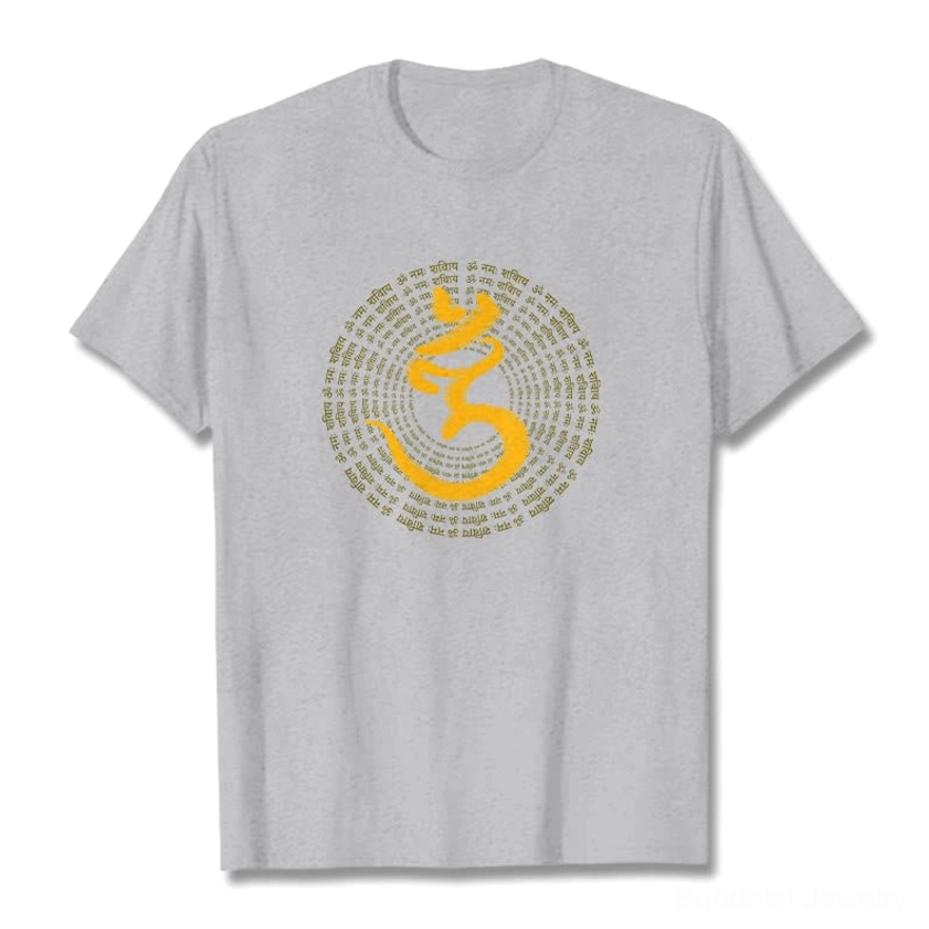 Light gray Om Namah Shivaya spiritual mantra t-shirt flat lay front full view