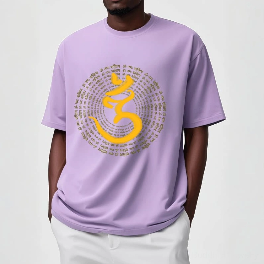 Light gray Om Namah Shivaya spiritual mantra t-shirt on male model everyday casual wear