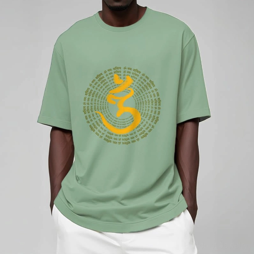 Om Namah Shivaya light gray t-shirt on male model casual outfit pairing suggestions