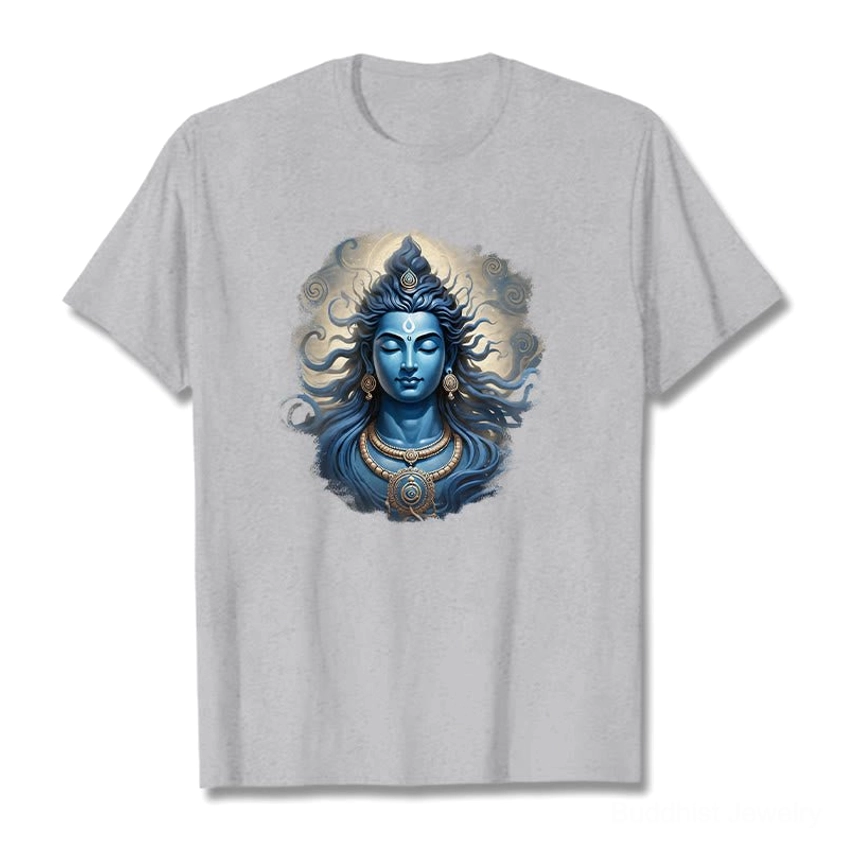 Om Namah Shivaya spiritual t-shirt in light grey with blue deity print, flat front view